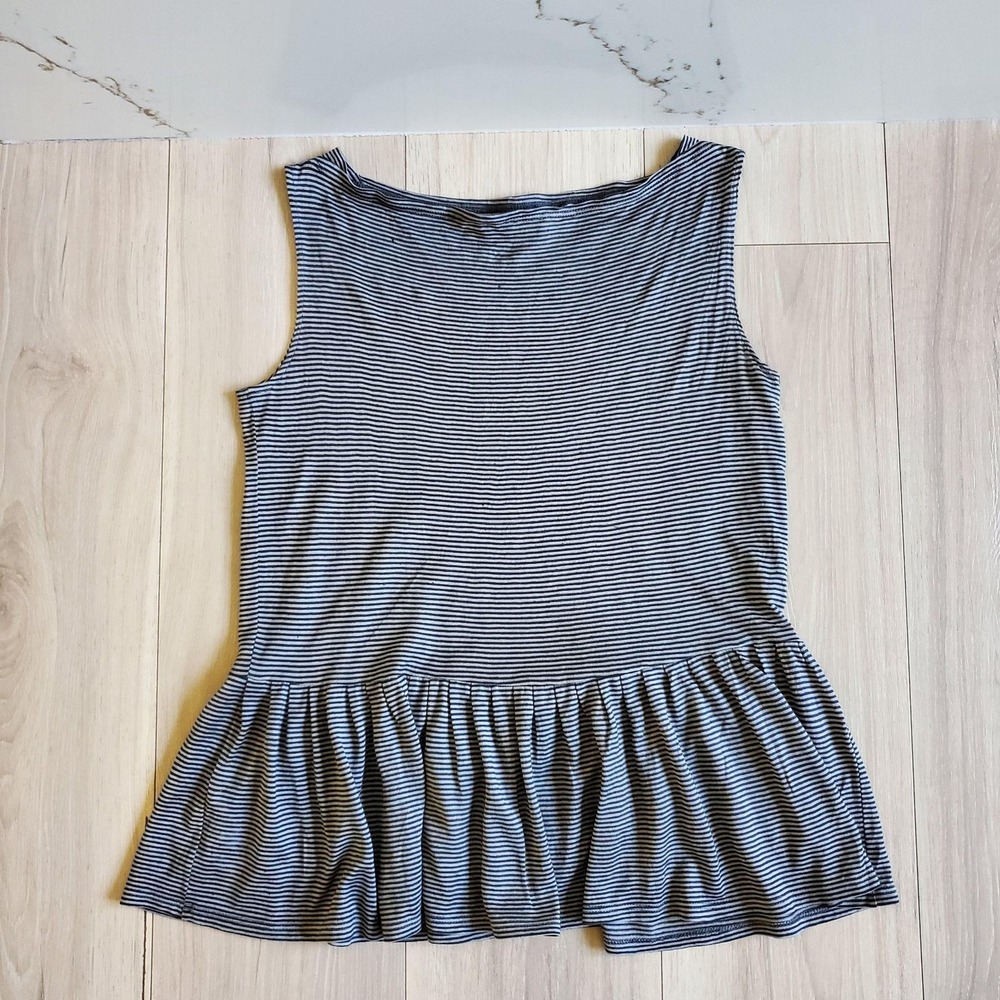 The Row Tunic Tank Top Womens XS Gray Stripe Sleeveless Ruffle Hem Jersey Knit
